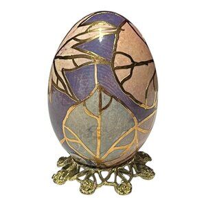 VTG Hand Painted Marbled Gold Gilt Egg Sculpture Leaf Design by Faith with Stand